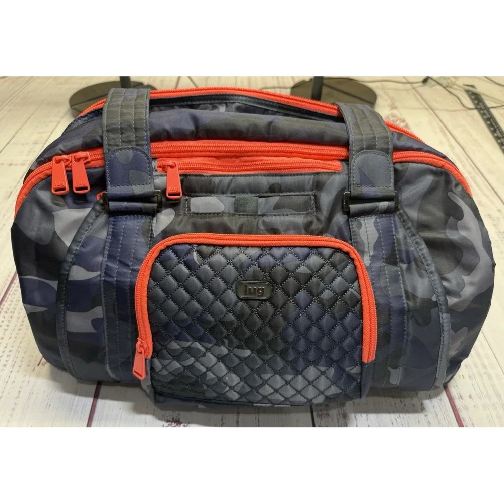 Lug Propeller Duffel Bag Navy Camo Quilted Travel Carry-On Gym Tote Orange Trim